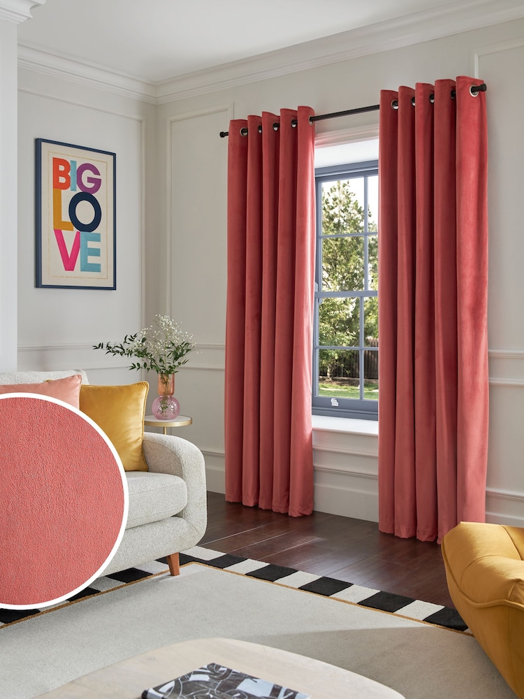 Pink Coral Matte Velvet Blackout/Thermal Eyelet Curtains - Image 1 of 9