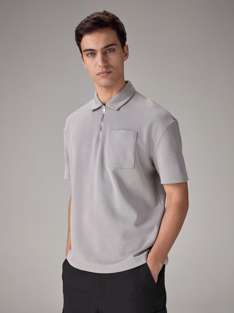Grey Oversized Heavyweight Quarter Zip Polo Shirt - Image 1 of 8