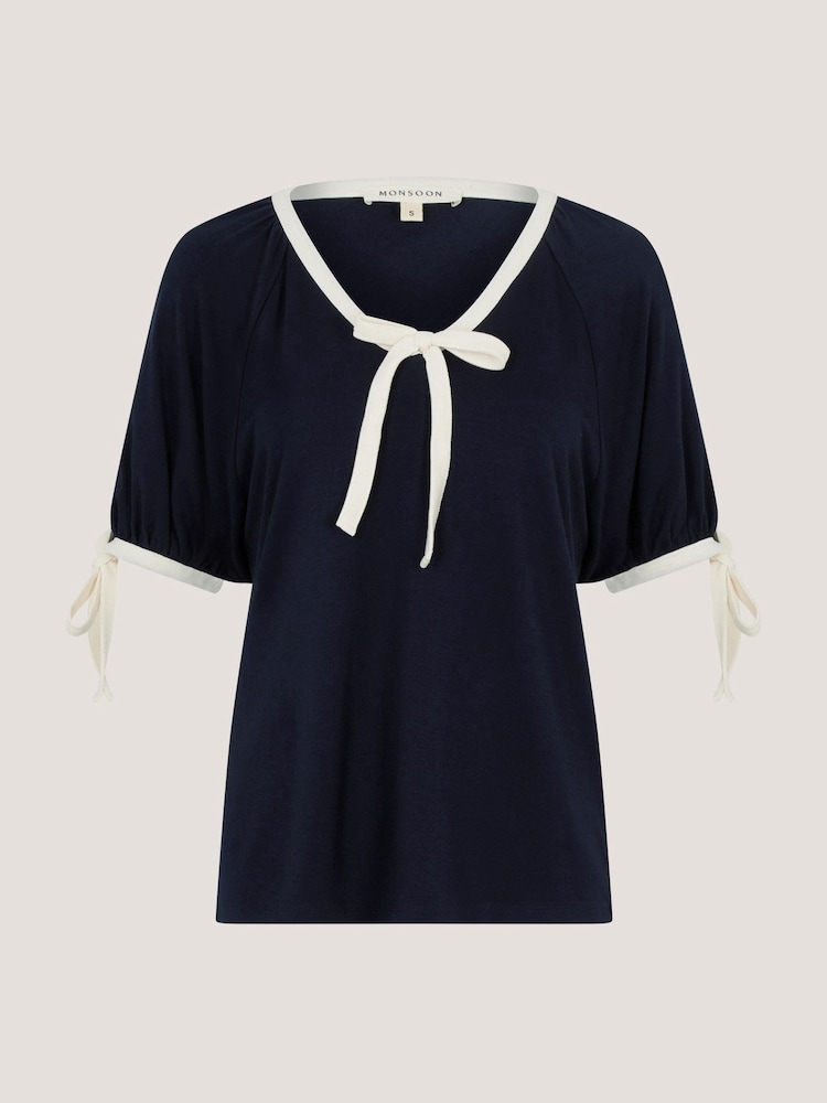 Monsoon Taylor Contrast Bow Jersey T-Shirt - 画像 1 / 1