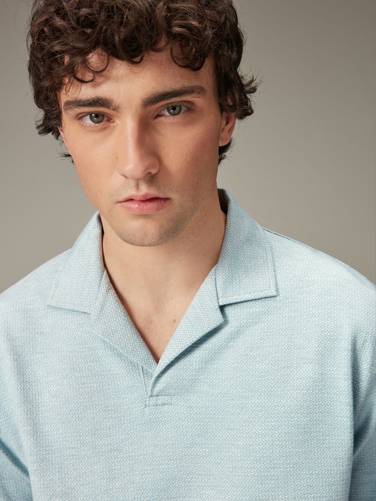 Light Blue Cuban Collar Textured Short Sleeve Polo Shirt - Image 1 of 8