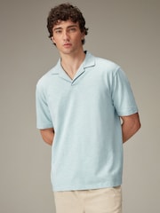 Light Blue Cuban Collar Textured Short Sleeve Polo Shirt - Image 3 of 8