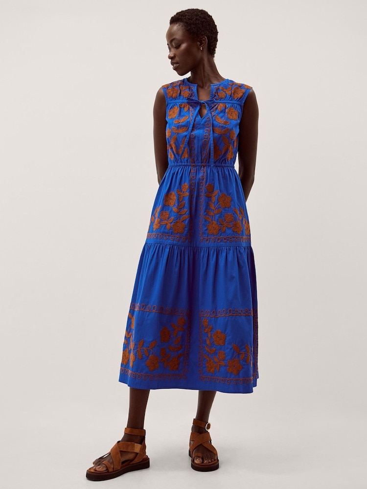 Monsoon Blue Madison Sleeveless Embroidered Midi Dress - Image 1 of 4
