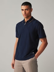 Navy Tan Regular Fit Smart Quarter Zip Polo Shirt - Image 1 of 6