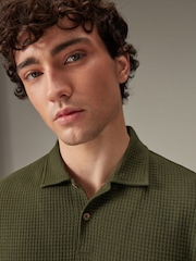 Olive Green Textured Waffle Polo Shirt - Image 4 of 7