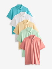 White/Blue/Green/Yellow/Red Regular Fit Regular Fit Short Sleeve Jersey Polo Shirts 5 Pack - Image 1 of 1