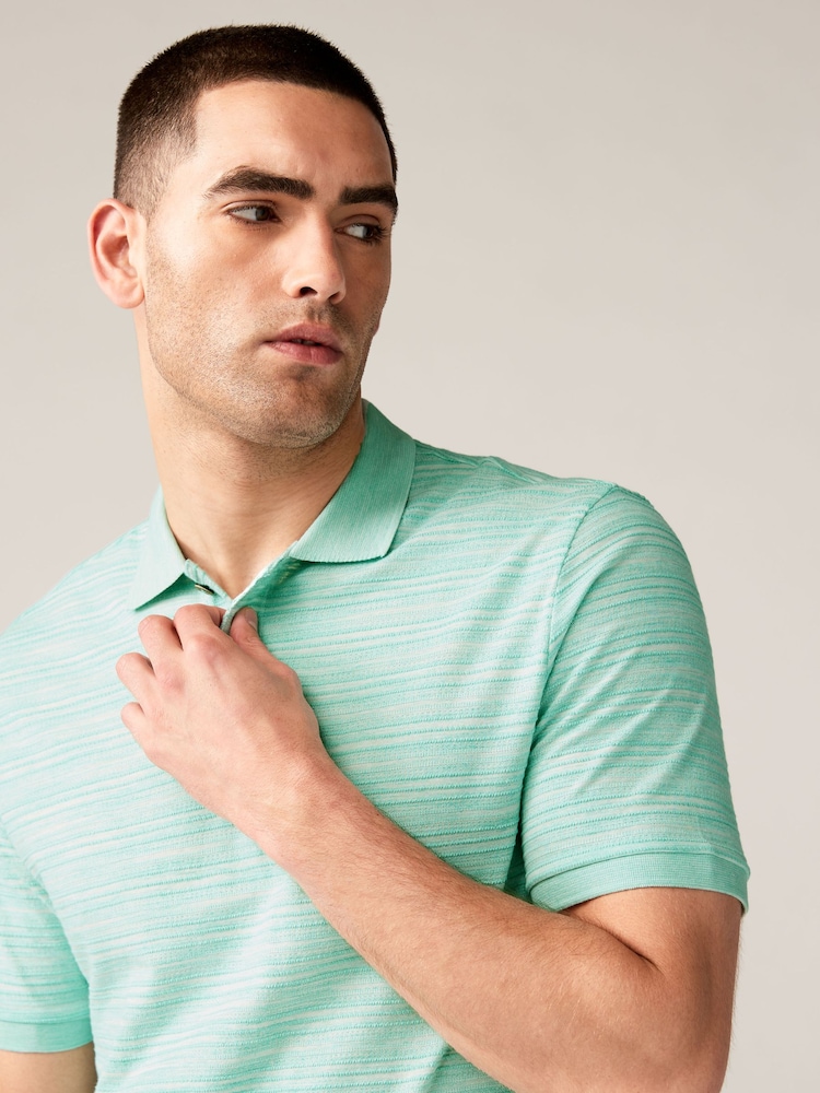 Mint Green Textured 100% Cotton Polo Shirt - Image 2 of 7