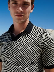 Black/White Cuban Collar Pattern Polo Shirt - Image 1 of 8