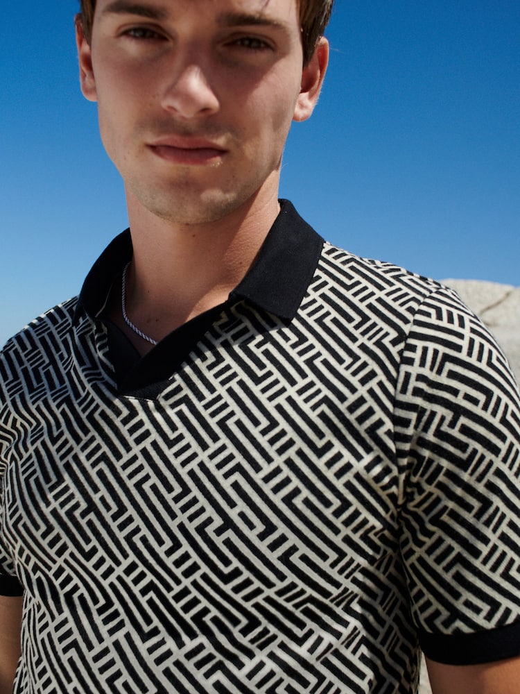 Black/White Cuban Collar Pattern Polo Shirt - Image 1 of 8