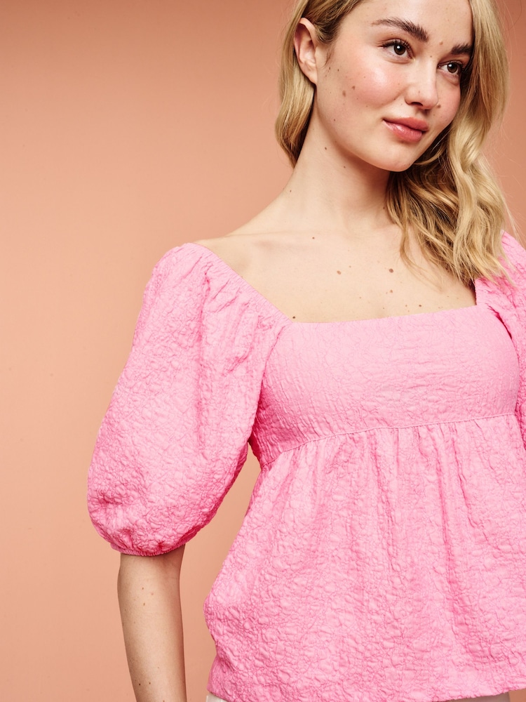 Pink Textured Puff Sleeve Square Neck Top - Image 2 of 2