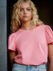 Fluro Pink 100% Cotton Short Sleeve Sparkle Jersey Bubblehem Top - Image 1 of 6