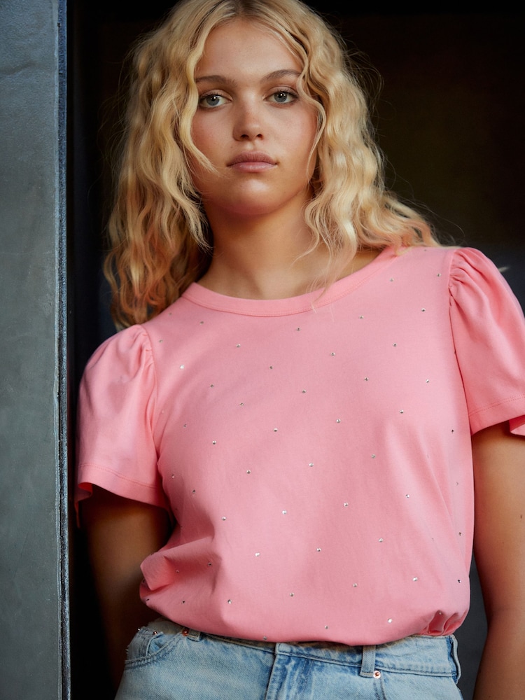 Fluro Pink 100% Cotton Short Sleeve Sparkle Jersey Bubblehem Top - Image 1 of 6