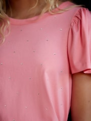 Fluro Pink 100% Cotton Short Sleeve Sparkle Jersey Bubblehem Top - Image 4 of 6