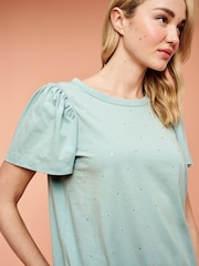 Sage Green 100% Cotton Short Sleeve Sparkle Jersey Bubblehem Top - Image 1 of 4