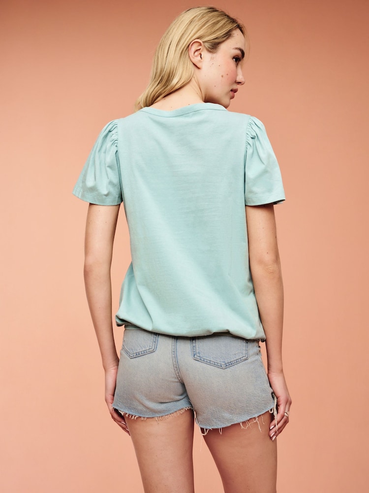 Sage Green 100% Cotton Short Sleeve Sparkle Jersey Bubblehem Top - Image 4 of 4