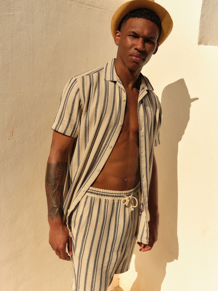 Cream/Blue Striped Textured Dock Shorts - Image 1 of 8