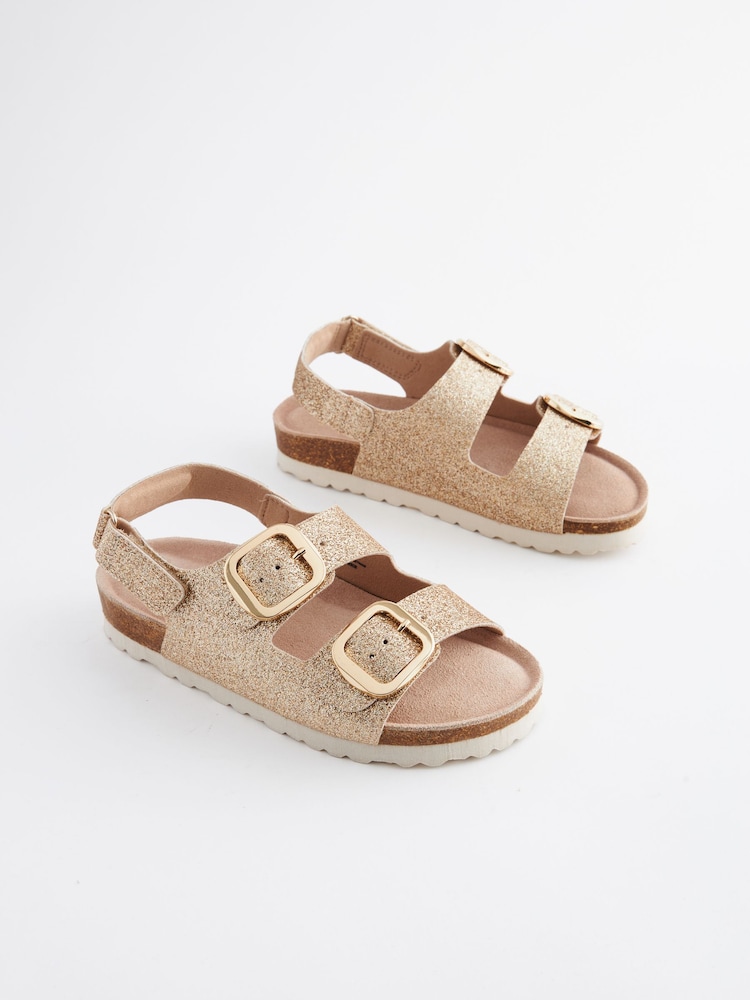 Gold Glitter Standard Fit (F) Two Strap Corkbed Sandals - Image 1 of 5