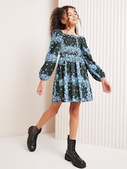 Lipsy Black/Blue Floral Crinkle Jersey Square Neck Dress - Image 1 of 3
