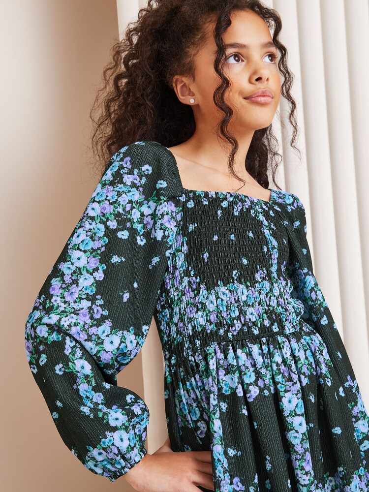 Lipsy Black/Blue Floral Crinkle Jersey Square Neck Dress - Image 2 of 3 Lipsy Black/Blue Floral Crinkle Jersey Square Neck Dress - Image 2 of 3