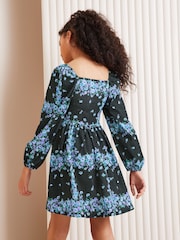 Lipsy Black/Blue Floral Crinkle Jersey Square Neck Dress - Image 3 of 3