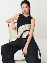 Black Tie Dye Waffle Seam Detail Tank Top - Image 1 of 6