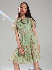 Lipsy Green Floral Sparkle Shift Occasion Dress (From 2-16yrs) - Image 1 of 4