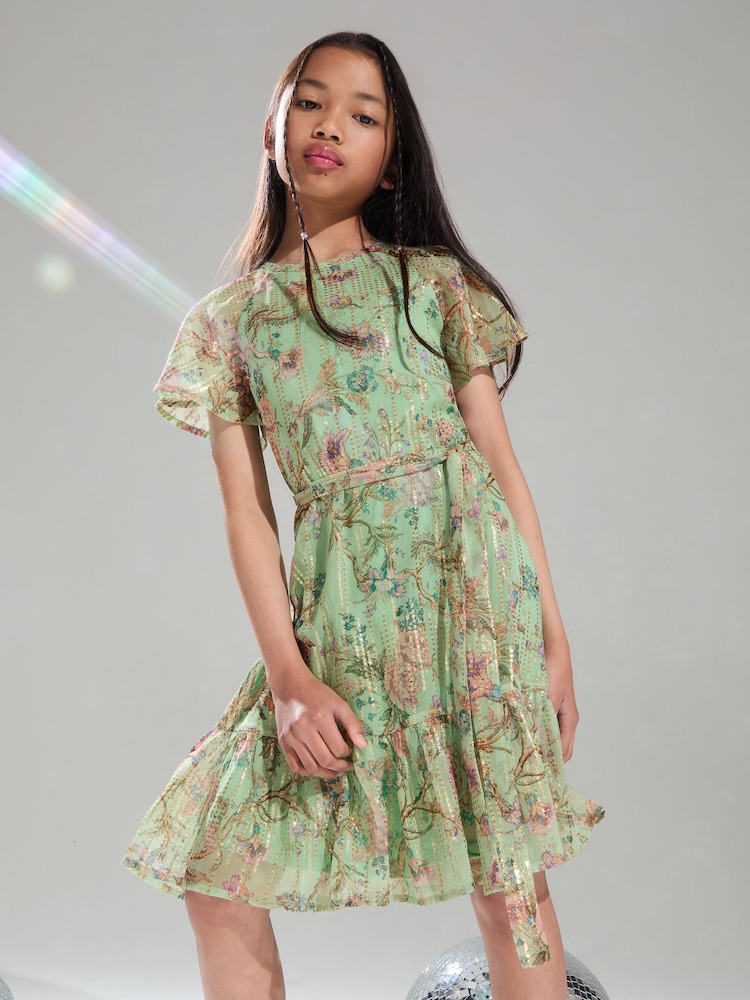 Lipsy Green Floral Sparkle Shift Occasion Dress (From 2-16yrs) - Image 1 of 4