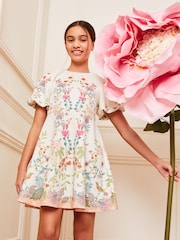 Lipsy White Print Puff Sleeve Scuba Occasion Dress (5-16yrs) - Image 1 of 4
