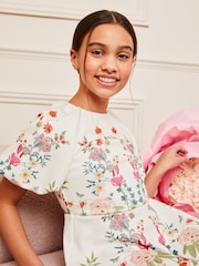 Lipsy White Print Puff Sleeve Scuba Occasion Dress (5-16yrs) - Image 3 of 4
