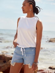 White 100% Cotton Sleeveless Drawstring Top - Image 1 of 6