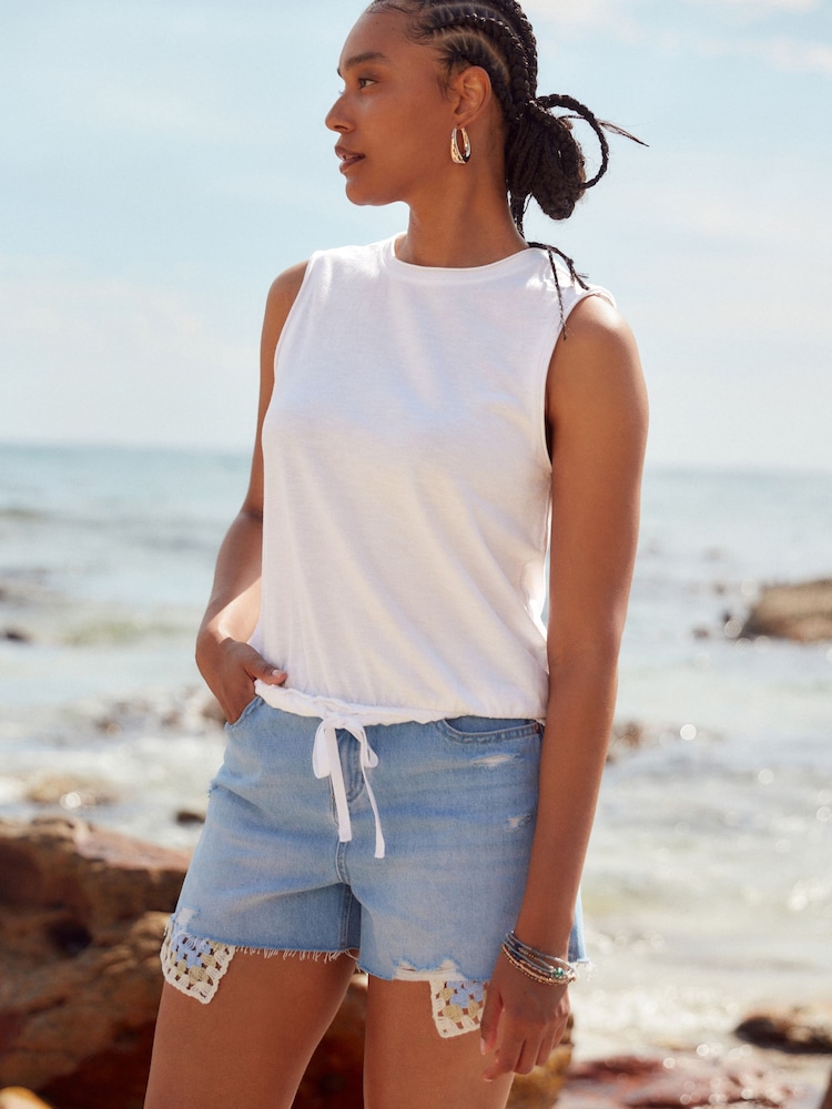 White 100% Cotton Sleeveless Drawstring Top - Image 1 of 6