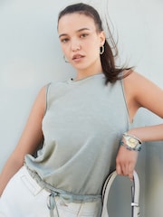Washed Khaki Green 100% Cotton Sleeveless Drawstring Top - Image 1 of 4