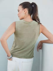 Washed Khaki Green 100% Cotton Sleeveless Drawstring Top - Image 2 of 4