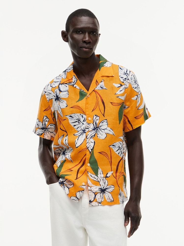 Tommy Hilfiger Orange Regular Tropical Print Linen Short Sleeve Shirt - Image 1 of 5 Tommy Hilfiger Orange Regular Tropical Print Linen Short Sleeve Shirt - Image 1 of 5