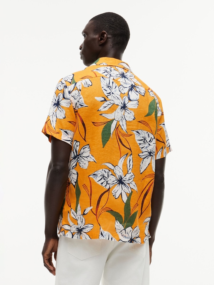 Tommy Hilfiger Orange Regular Tropical Print Linen Short Sleeve Shirt - Image 2 of 5 Tommy Hilfiger Orange Regular Tropical Print Linen Short Sleeve Shirt - Image 2 of 5