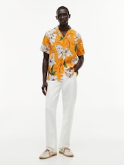 Tommy Hilfiger Orange Regular Tropical Print Linen Short Sleeve Shirt - Image 3 of 5