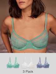 Blue/Green/White Non Pad Full Cup Lace Bras 3 Pack - Image 1 of 14