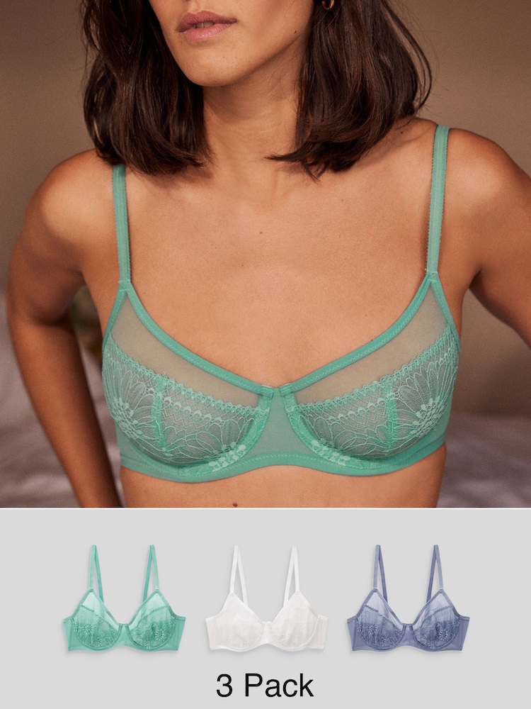 Blue/Green/White Non Pad Full Cup Lace Bras 3 Pack - Image 1 of 14
