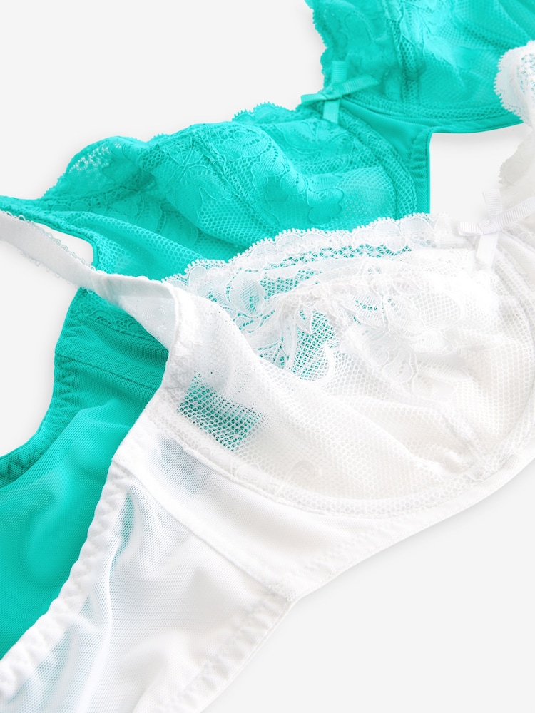 Teal Blue/White Non Pad Balcony DD+ Lace Bras 2 Pack - Image 10 of 10