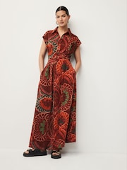 Rust Orange Print Short Sleeve Maxi Shirt Dress - Image 1 of 6