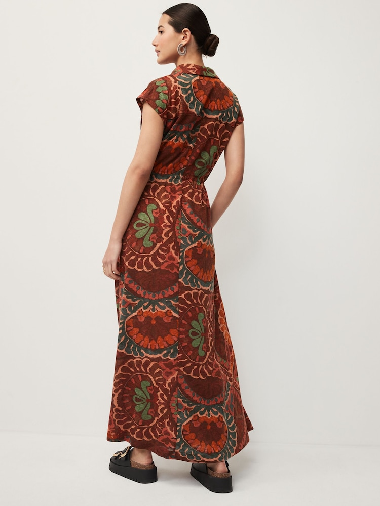 Rust Orange Print Short Sleeve Maxi Shirt Dress - Image 2 of 6