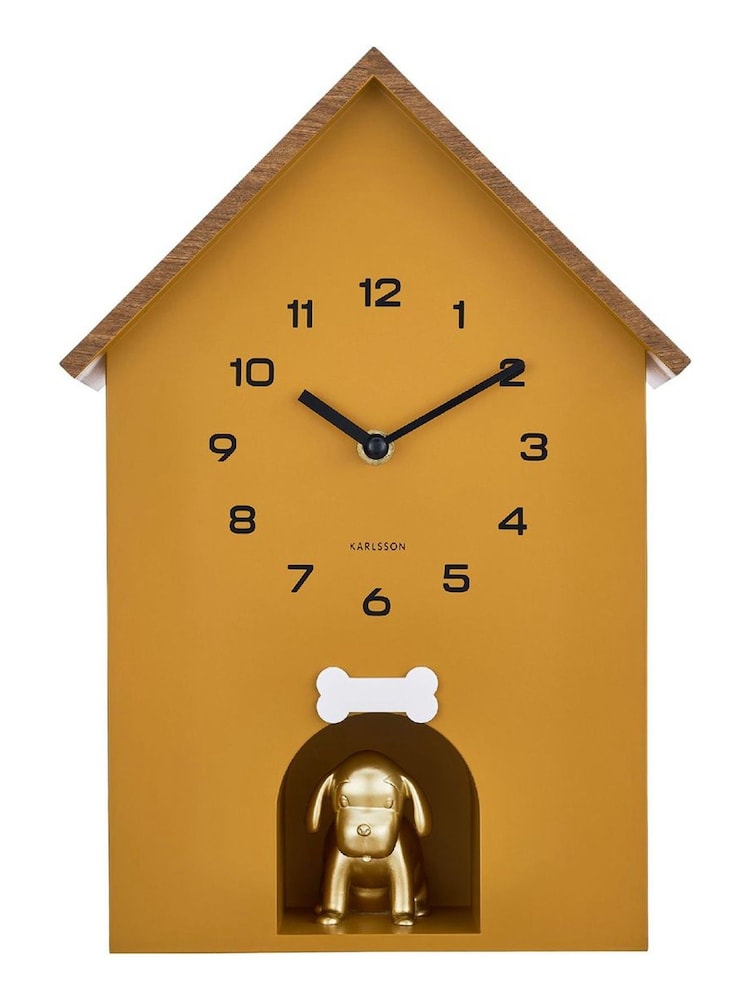Karlsson Ochre Yellow Dog House W. Wooden Roof Wall Clock - Image 1 of 4 Karlsson Ochre Yellow Dog House W. Wooden Roof Wall Clock - Image 1 of 4