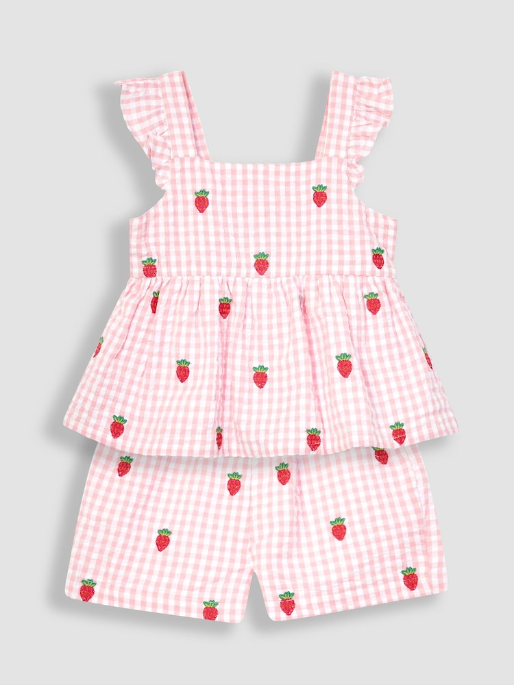 JoJo Maman Bébé Pink 2-Piece Strawberry Seersucker Blouse & Shorts Set - Image 1 of 4