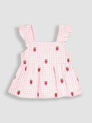 JoJo Maman Bébé Pink 2-Piece Strawberry Seersucker Blouse & Shorts Set - Image 2 of 4