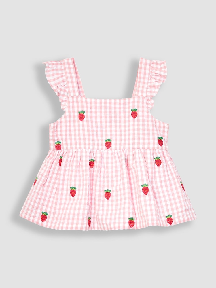 JoJo Maman Bébé Pink 2-Piece Strawberry Seersucker Blouse & Shorts Set - Image 2 of 4