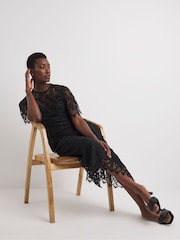 JD Williams Black Lace Flutter Sleeve Midi Dress - Image 3 of 4