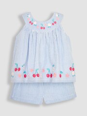 JoJo Maman Bébé Blue 2-Piece Cherry Embroidered Seersucker Blouse & Shorts Set - Image 1 of 4
