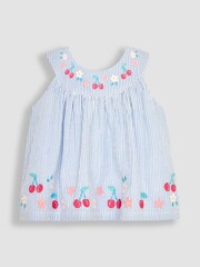 JoJo Maman Bébé Blue 2-Piece Cherry Embroidered Seersucker Blouse & Shorts Set - Image 2 of 4