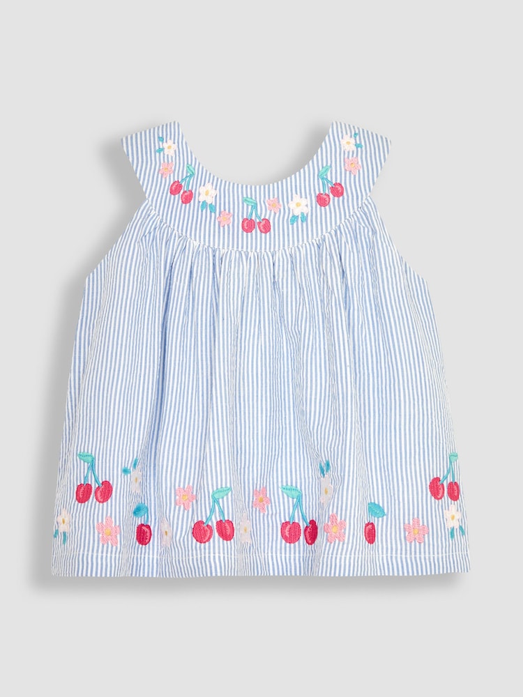 JoJo Maman Bébé Blue 2-Piece Cherry Embroidered Seersucker Blouse & Shorts Set - Image 2 of 4
