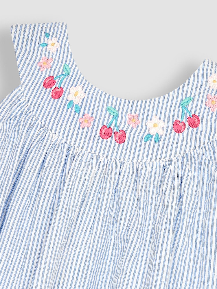 JoJo Maman Bébé Blue 2-Piece Cherry Embroidered Seersucker Blouse & Shorts Set - Image 4 of 4