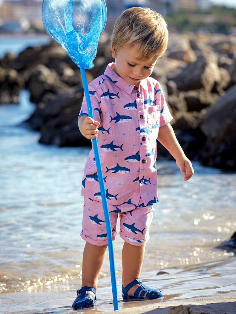 JoJo Maman Bébé Coral 2-Piece Shark Cotton Linen Shirt & Shorts Set - Image 1 of 6